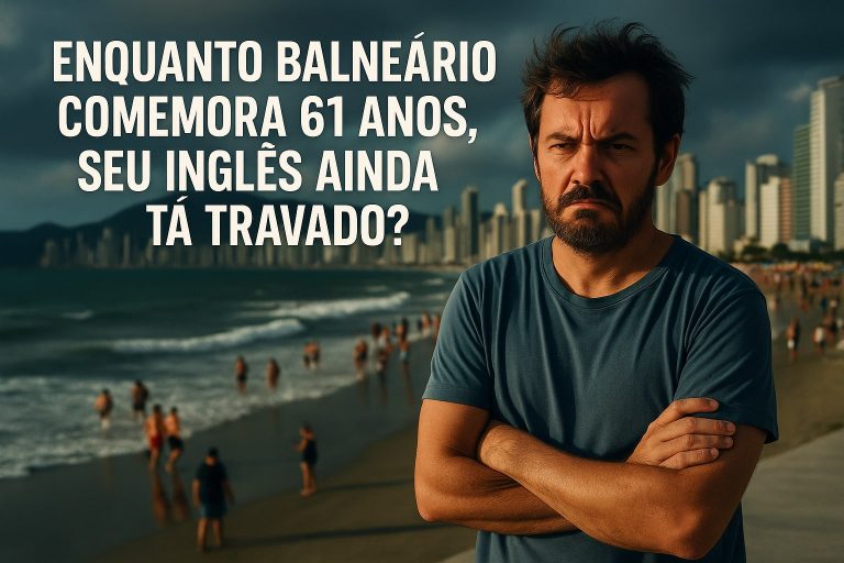 Homem olhando para o mar de Balneário Camboriú com expressão de dúvida, céu dramático ao fundo e a frase “Balneário comemora 61 anos. E você, comemora o quê?” em destaque.