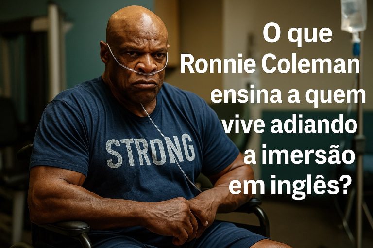 “Ronnie Coleman sério, sentado em cadeira de rodas com roupa de treino, usando oxigênio, simbolizando superação — ao lado, a frase provocadora: ‘O que Ronnie Coleman ensina a quem vive adiando a imersão em inglês
