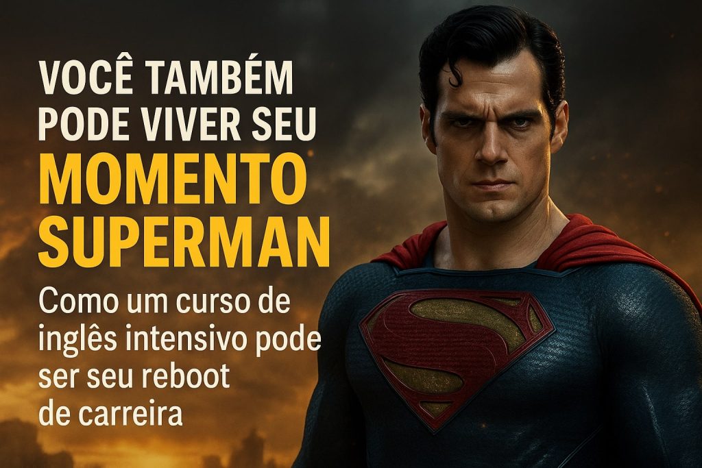 Executivo olhando para cima em cenário cinematográfico com atmosfera épica, representando transformação pessoal com curso intensivo de inglês e referência ao Superman.